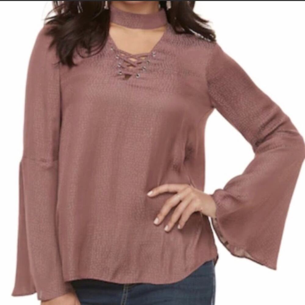 Jennifer Lopez Rose Taupe Lace-Up Choker Neck Top